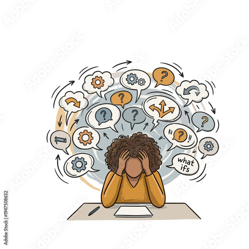 Person sitting at desk overwhelmed by thoughts and questions