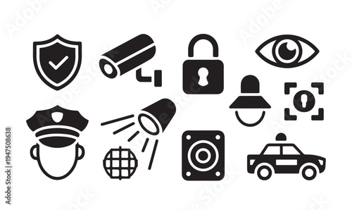 Surveillance and law enforcement icon collection including cameras police and alarm signs
