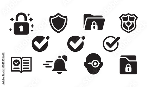 Data privacy and document protection icon set with folders locks and check mark symbols