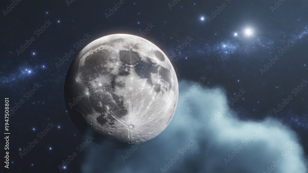 Fototapeta premium Detailed Full Moon in Starry Night Sky with Wispy Clouds