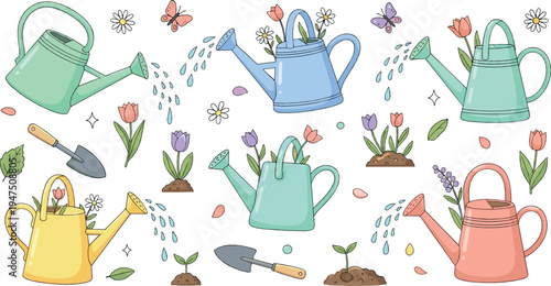 Garden watering cans and spring flowers collection with gardening tools and plants illustration set