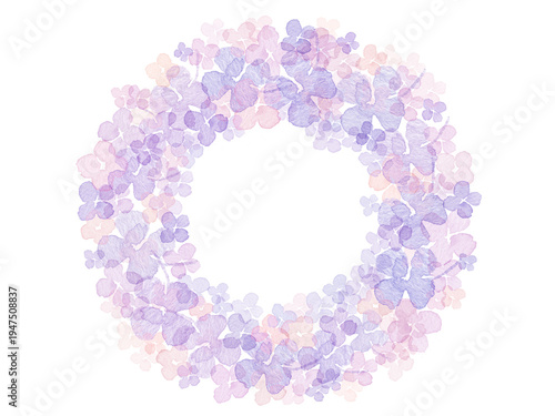 Watercolor hydrangea wreath frame. Hand-painted floral circle border for June bride, Mother's Day, and rainy season.