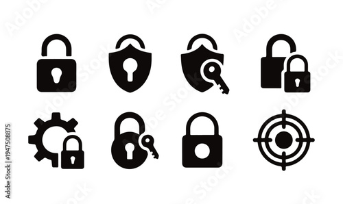 Security padlock and shield icons with key, gear and target symbols for protection