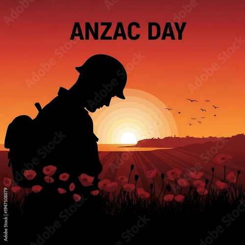 Anzac day dawn service silhouette with poppies