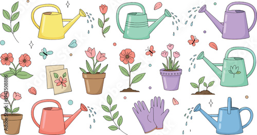 Garden watering cans and plants collection with flowers, pots and gardening gloves colorful spring gardening illustration set
