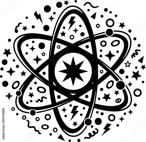 Y2K Style Atom Icon with Stars and Energy