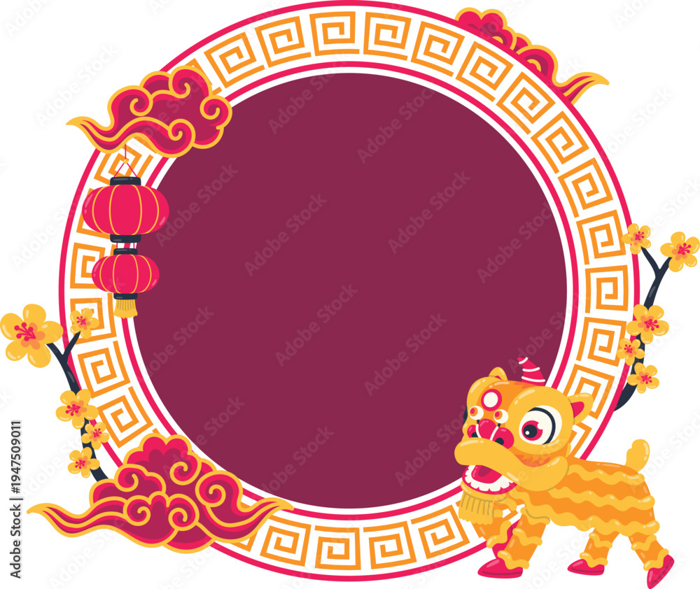 Fototapeta premium Decorative Chinese Circular Border With Lion Dance Ornaments