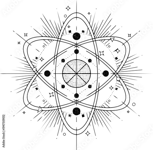 Mystical Atom Symbol with Rays