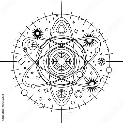 Mystical Atom Mandala Outline