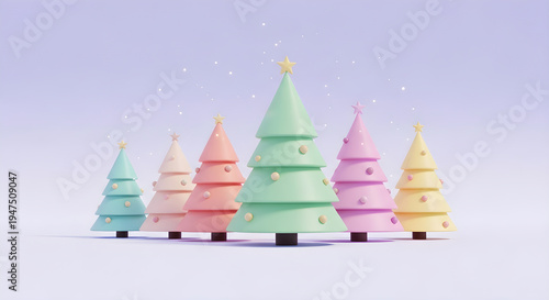 A group of colorful christmas trees standing in the snow illustration