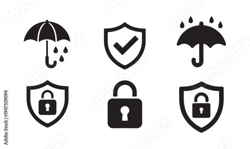 Insurance and protection symbols including umbrella rain shield checkmark and padlock icons