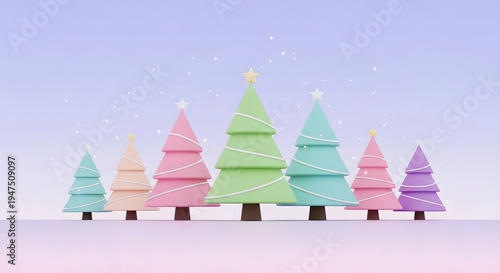 A row of colorful christmas trees on a snowy background illustration