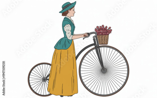 Vintage woman riding penny farrow bicycle with flowers in basket on white background