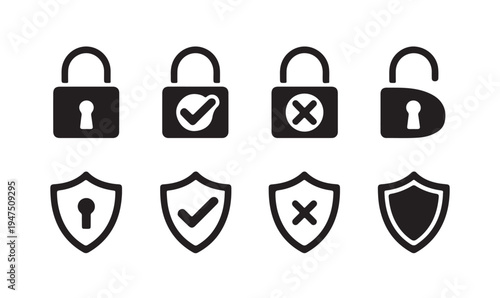Security and protection icons set with lock and shield symbols showing status check