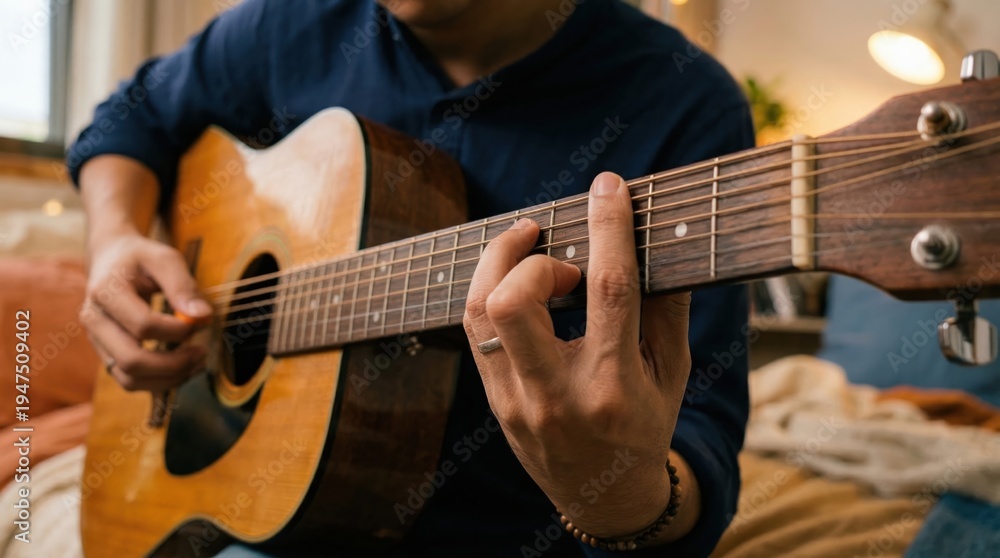 Obraz premium Man strums guitar with gentle focus