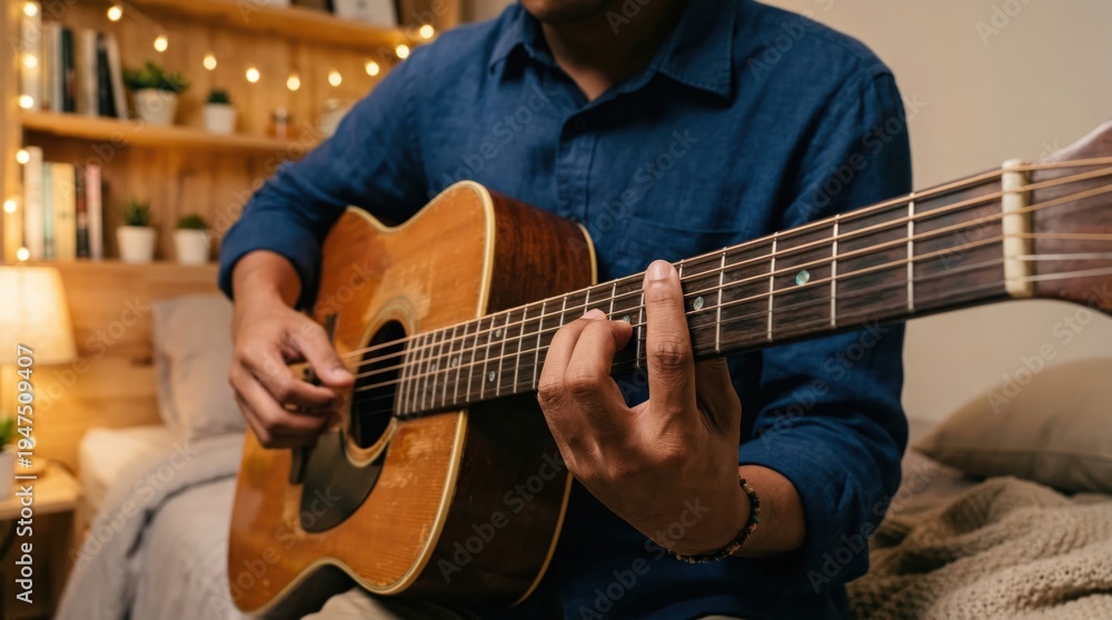 Fototapeta premium Man strums acoustic guitar in cozy bedroom