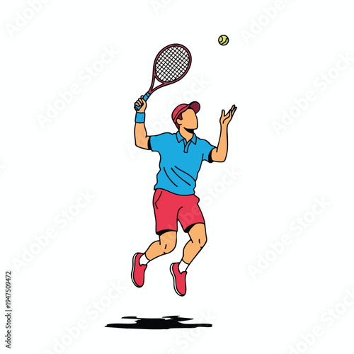 Athlete in mid-air, tennis racket raised, about to hit ball. Reds/blues