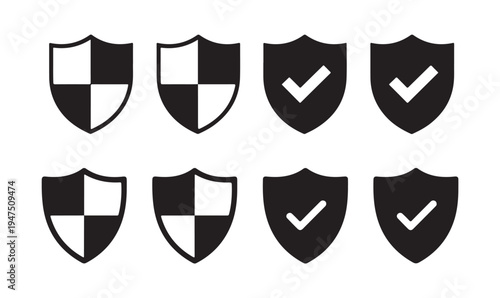 Shield icon collection with checkerboard patterns and check marks for security verification