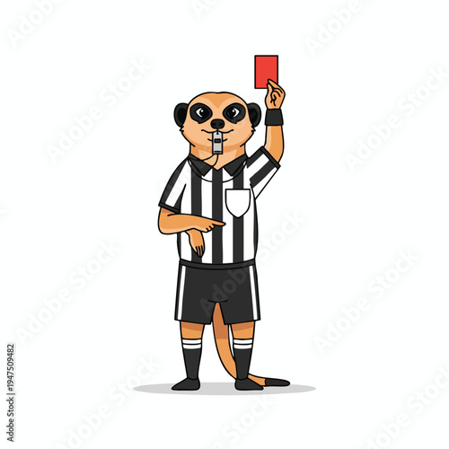 Cartoon meerkat wearing a referee uniform and holding a red card
