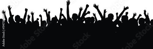 Cheering crowd silhouette with raised hands, excited people celebration background, festival concert audience energy, party event gathering illustration