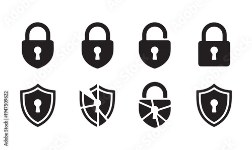 Security icon set broken lock and shield data breach concept vector illustration