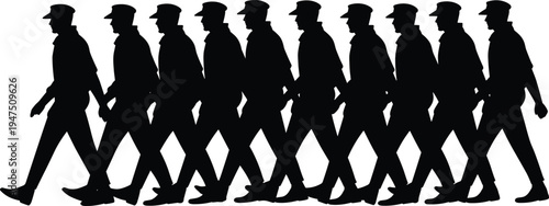 Police officers marching silhouette line, law enforcement patrol team walking, security guard concept illustration, authority protection service uniform people