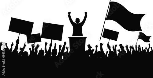 Political protest rally silhouette with leader speaking at podium, crowd holding banners and flags, democracy activism public speech concept