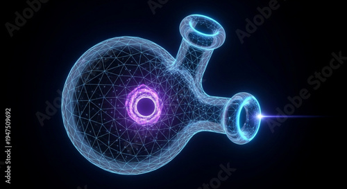 Glowing purple and blue neon polygonal flask with geometric network and radiant beam on dark background futuristic scientific concept