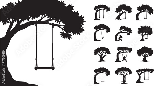 Silhouette of a tree with swing and various icons