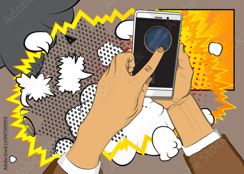 Cartoon Smartphone, comic book Telephone with Magnifying glass. Retro vector comics pop art design.