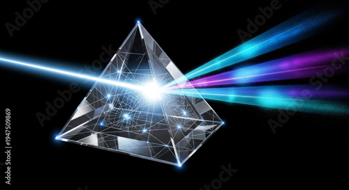 Crystal pyramid refracting light into colorful spectrum with beams radiating outward on black background