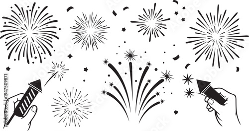 Fireworks illustration with hands holding sparklers and exploding fireworks