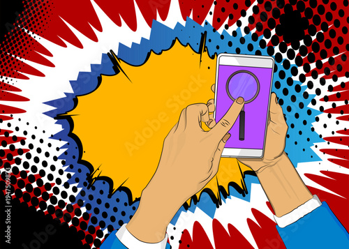 Cartoon Smartphone, comic book Telephone with Magnifying glass. Retro vector comics pop art design.