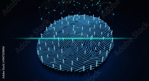 Glowing blue fingerprint scan with neon lines and network connections on dark background representing biometric identification and digital security