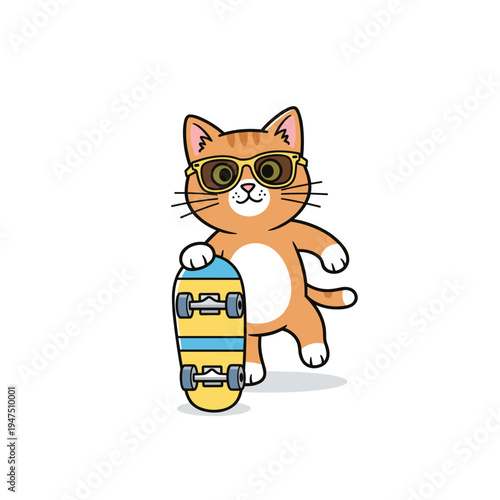 Cool Orange Tabby Cat Wearing Sunglasses Holding Skateboard Cartoon Illustration