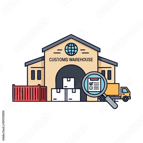 Cartoon illustration of a customs warehouse with boxes, truck, shipping container, and magnifying glass