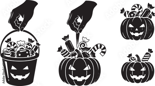 Halloween icons with pumpkins and trick or treat bucket