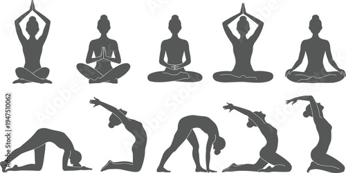 Yoga poses silhouette collection with meditation, stretching and flexibility exercises, healthy lifestyle fitness illustration set, woman practicing yoga isolated