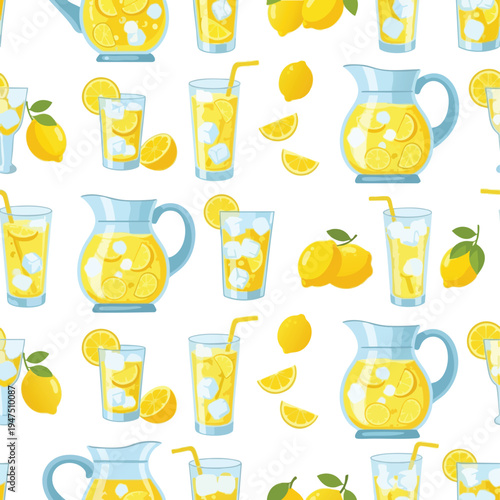 Refreshing lemonade pitcher with ice-filled glasses and lemons, seamless pattern
