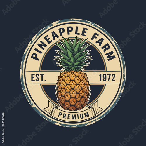 A vintage circular badge featuring a ripe pineapple and text
