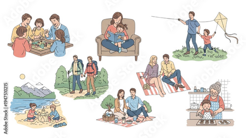 Family Lifestyle Activities Set – Reading, Hiking, Picnic, Beach Play and Multigenerational Happy Moments Illustration Collection
