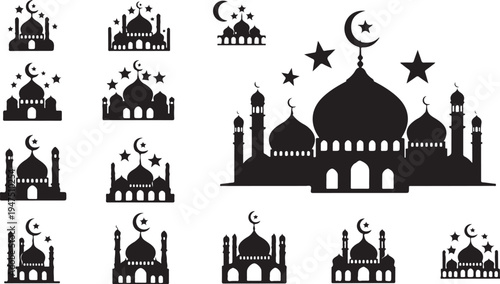 Black mosque silhouettes with crescent moon and stars icons