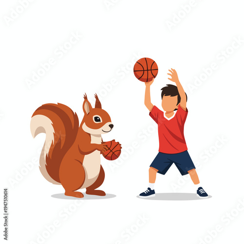 A cartoon squirrel and a boy playing basketball together