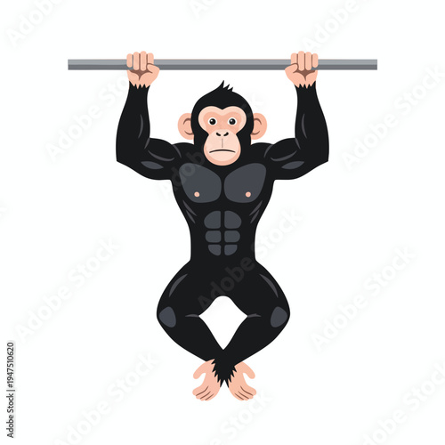 Muscular anthropomorphic chimpanzee hanging from a bar, front view