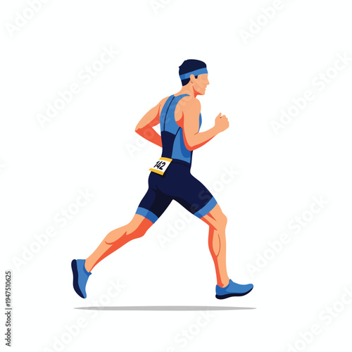 Male athlete running, wearing blue athletic shorts and top, bib number 142