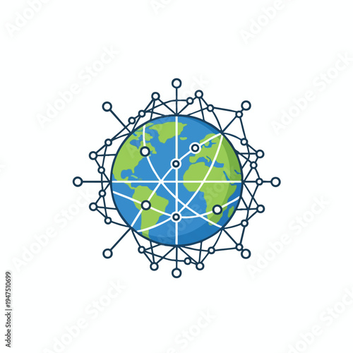 Abstract representation of Earth connected by a global network of nodes and lines