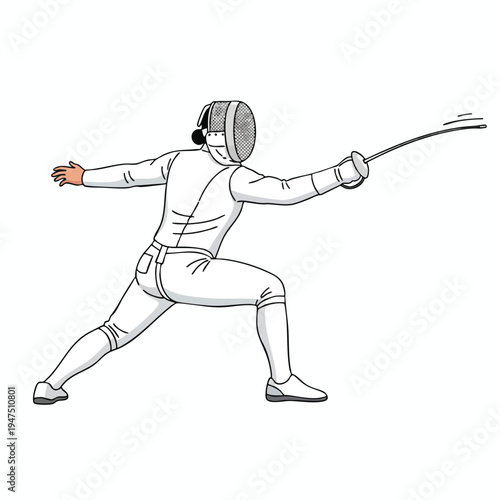 Fencer in lunging pose, holding foil, wearing mask and uniform