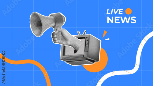 halftone collage, hand holding megaphone from retro TV with live news text. television journalism for reporting news notification