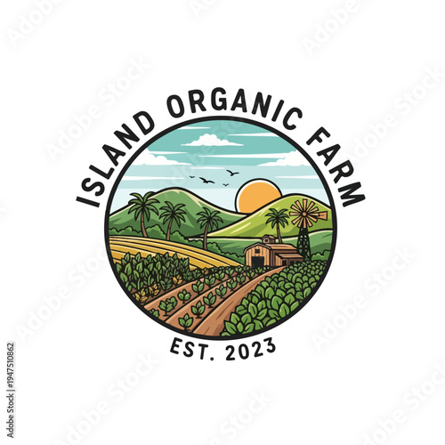 A circular emblem depicts an idyllic island farm at sunset, with crops, a barn, and a windmill
