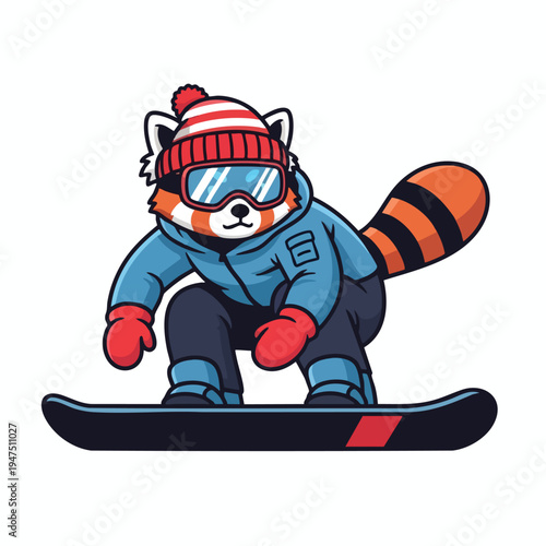 A red panda with striped tail snowboarder in blue gear and red hat
